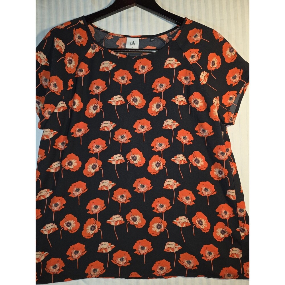 Cabi Flanders Poppy Top Womens Medium Black Orange Split Back Blouse Shirt 3251